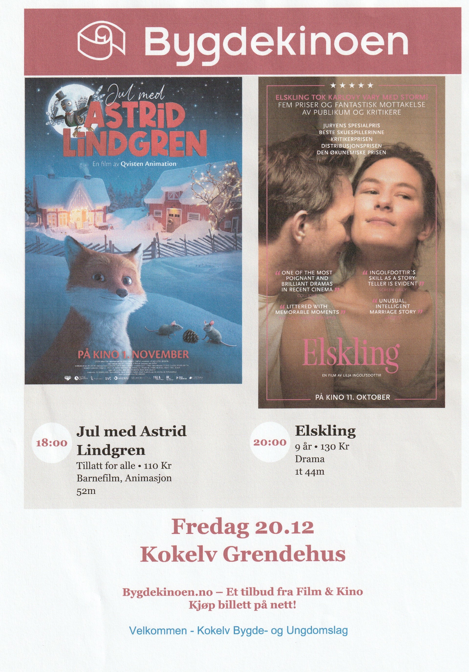 Kinokveld på Kokelv Grendehus fredag 20. desember